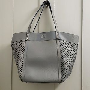 Grey vegan leather cutout Arbonne large shoulder tote bag